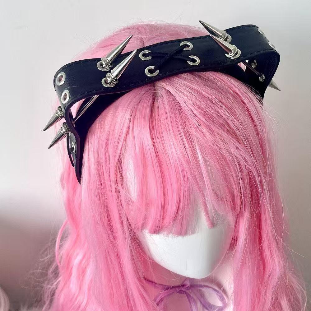 Men Accessories Aesthetic - パンク・ハラジュク・リベットヘッドバンド、Y2Kオルト・エステティック・スパイク・フェイクレザーヘアフープ、ダークゴシック・キャットイヤーヘアアクセサリー（男女兼用）