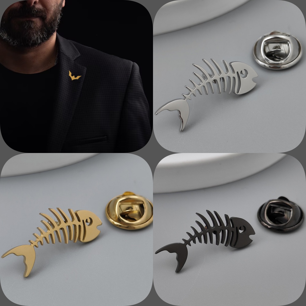 Men'S Accessories Gift Set Branded - クリエイティブな魚の骨の金メッキバッジ、メンズカラーブローチブラック、シルバーラペルピン、スーツアクセサリーセット、ブランドメンズギフト