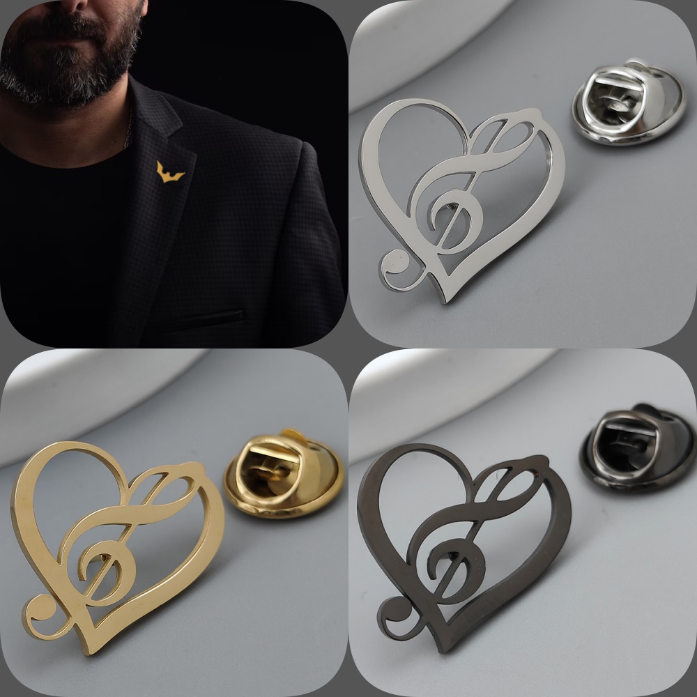 Men'S Accessories Gift Set Branded - 愛の音楽のシンボルの金メッキバッジ、メンズカラーブローチブラック、シルバーラペルピン、スーツアクセサリーセット、ブランドメンズギフト