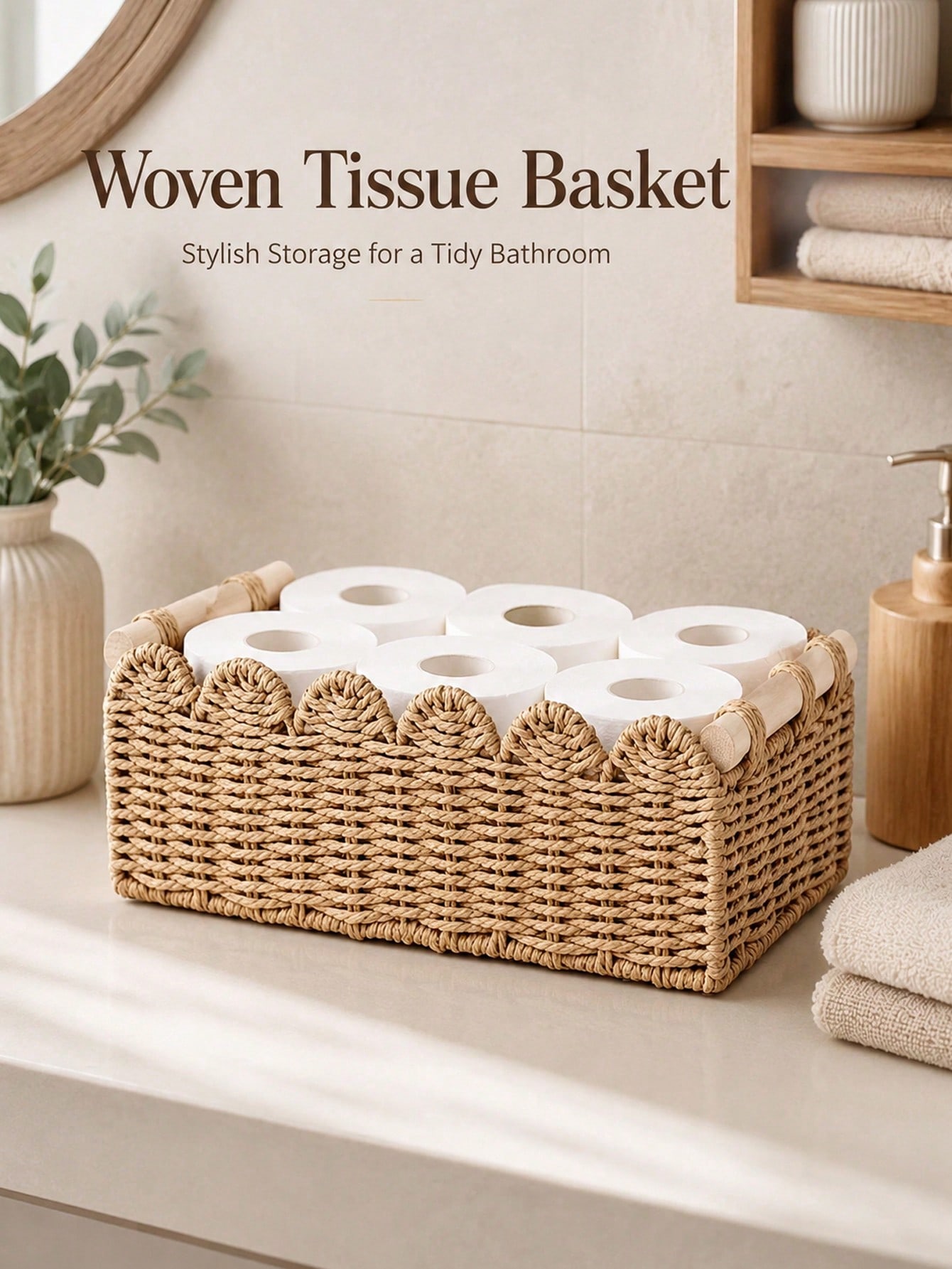 Men'S Accessories Organizer Tray - 美しい編み込み収納バスケット、スカラップエッジと木製ハンドル付き、厚手のデスクトップオーガナイザービン、男女兼用、多目的トイレットペーパーホルダー、リビングルームのフルーツやバスルームの収納に最適、装飾トレイ、ホームバスルーム整理アクセサリー