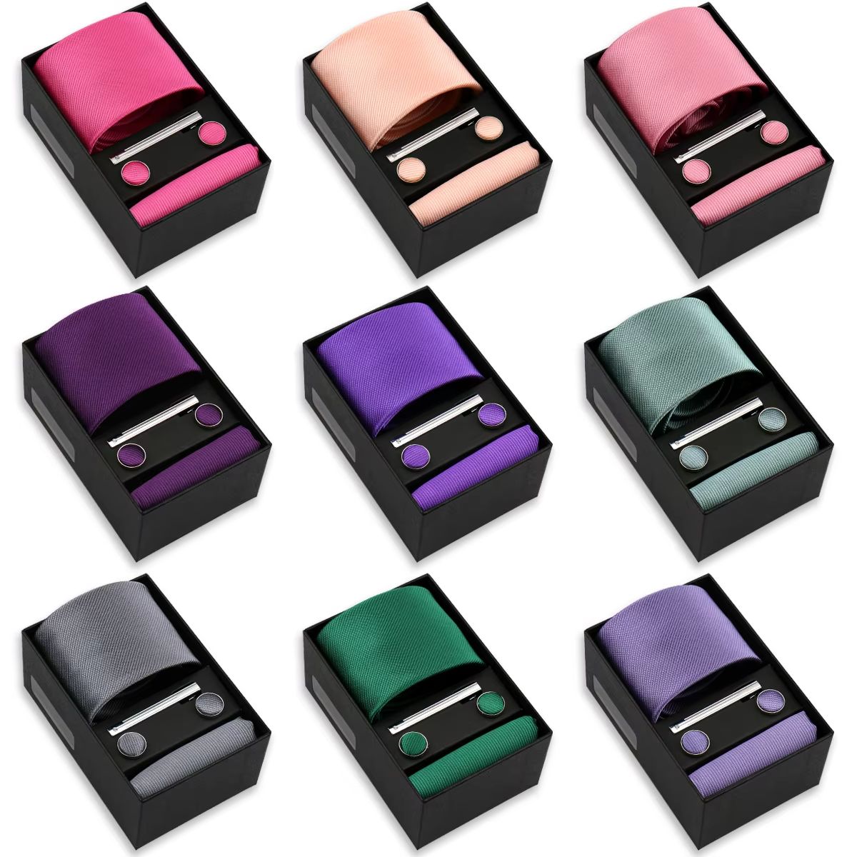 Men'S Accessories Gift Set Branded - ブランドファッション無地ネクタイセット4点ポケットチーフカフスボタンネクタイピンエレガントジャカード織りメンズギフトボックスフォーマルアクセサリー