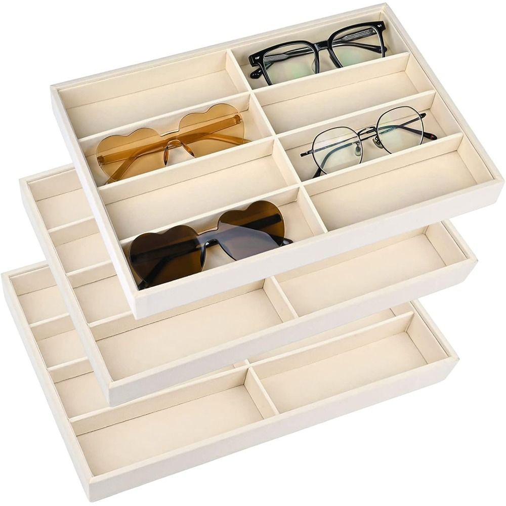 Men'S Accessories Organizer Tray - ベージュグレーのサングラスオーガナイザー、積み重ね可能なベルベット製メガネホルダー、取り外し可能な内部仕切り、男女兼用メガネディスプレイトレイ