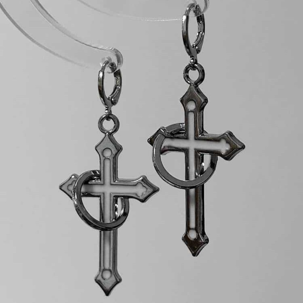 ロックゴシックシルバーカラー円形リングクロスダングルイヤリン - Men Accessories Aesthetic のレビューと価格