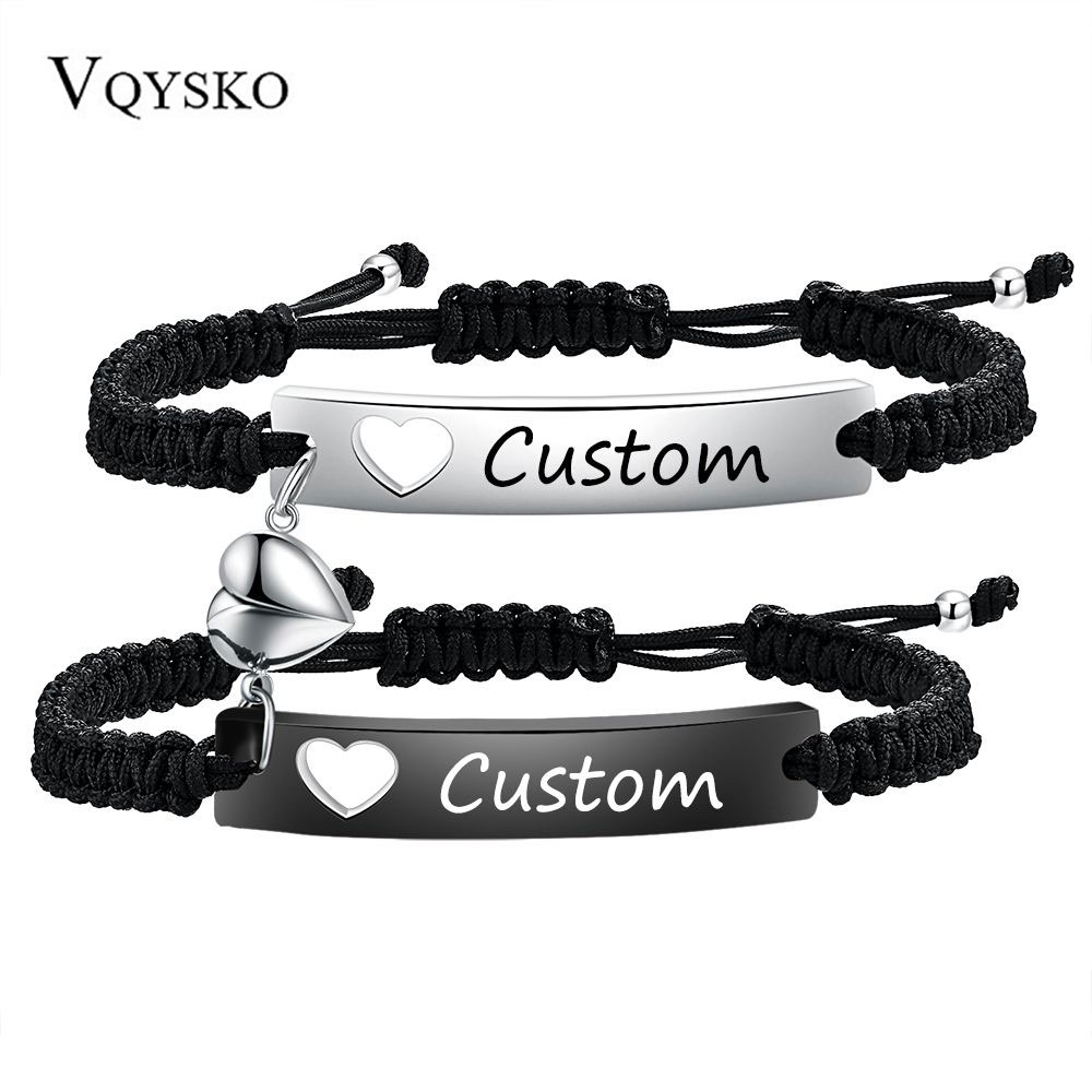 カスタムステンレス鋼のカップルブレスレットセット黒織りハート - Men Accessories All のレビューと価格